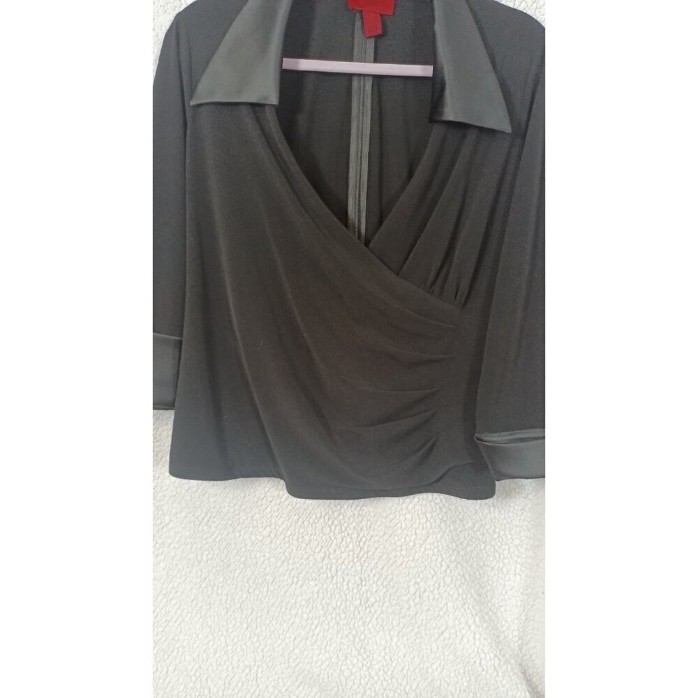JS Collections Womens Black Blouse Chic Satin Cuffs And Collar Zip Back Size 16 - Picture 4 of 13
